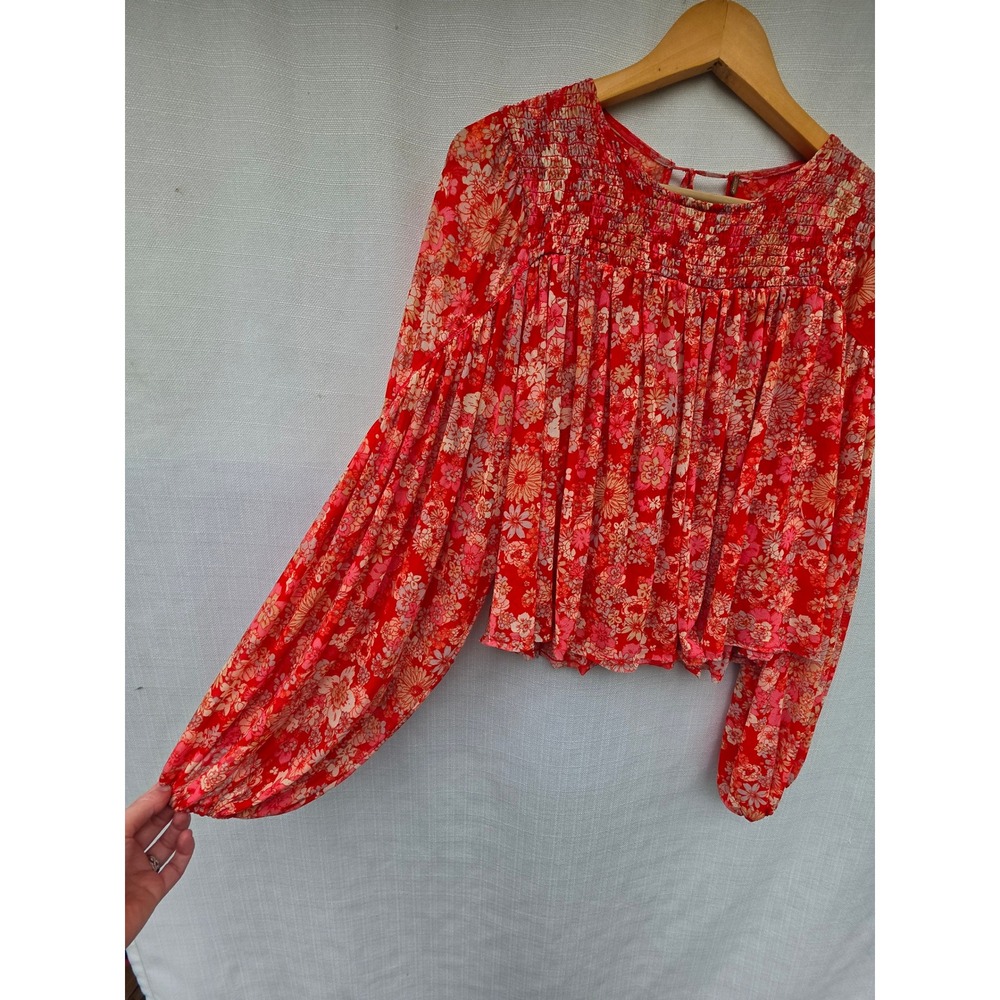 Free People Up For Anything Top Cherry Red Floral Sheer Mesh Smocked Blouse M